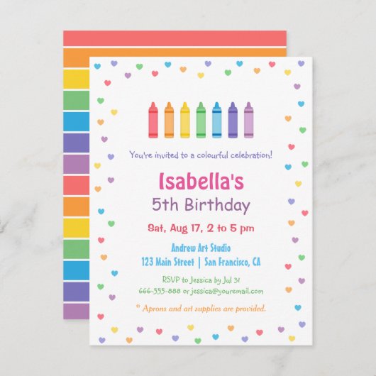 虹のハートのクレヨンの芸術の技術の誕生会 招待状 (正面/裏面)