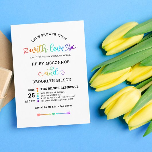 虹のハートスクリプトが可愛いLGBTカップルのシャワー 招待状