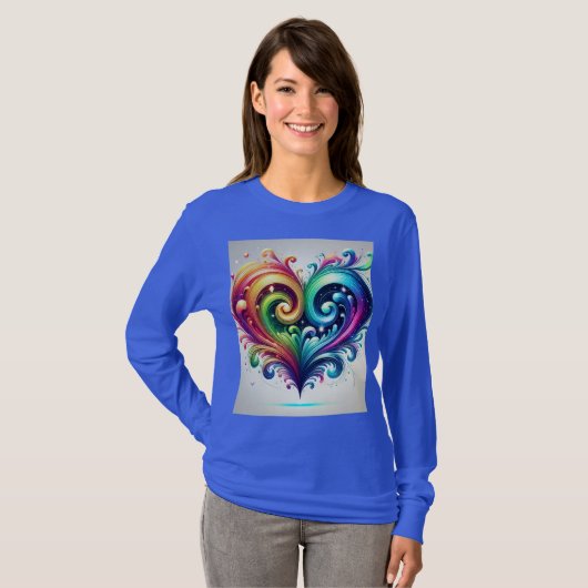 虹のハート渦巻き明るい色 Tシャツ (正面フル)