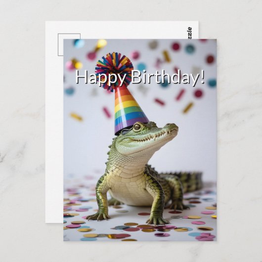 虹のバースデー帽子をかぶったワニ ポストカード (正面/裏面)