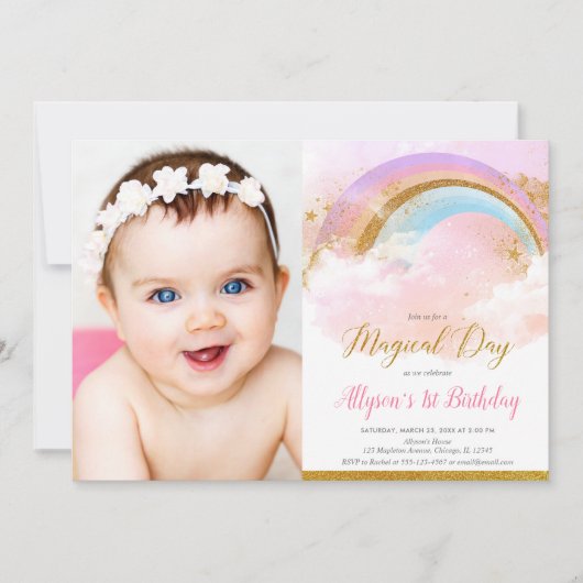 虹のパステルピンクおよび金ゴールドの誕生会の写真 招待状 (正面)