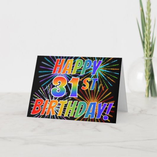 虹のパターン "31歳の誕生日おめでとう!" + 花火 カード (正面)