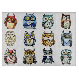 虹のフクロウおよび猫の水彩画 カッティングボード