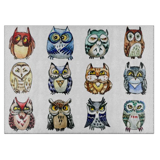 虹のフクロウおよび猫の水彩画 カッティングボード (正面)