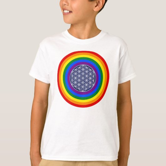 虹のフラッグボタン+命の花 Tシャツ (正面)