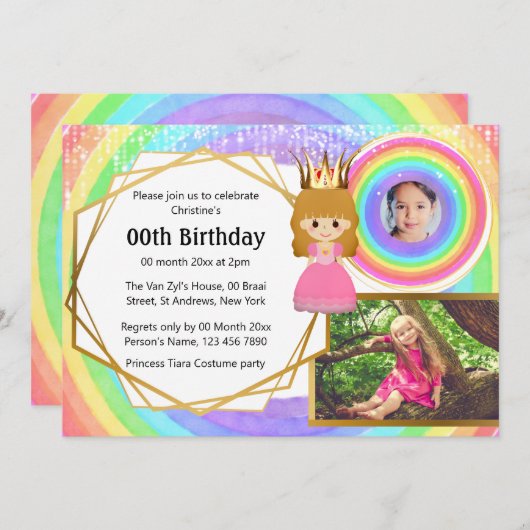 虹のプリンセスのティアラ　3枚の写真　女の子の誕生日 招待状 (正面/裏面)