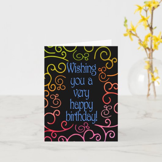 虹のプルームの渦巻きのような誕生日開花 カード (黄色い花)