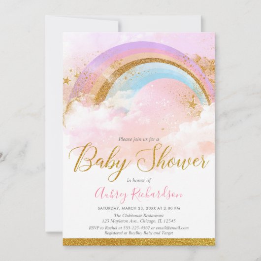 虹のベビーシャワーの女の子のパステル調ピンクの金ゴールド 招待状 (正面)