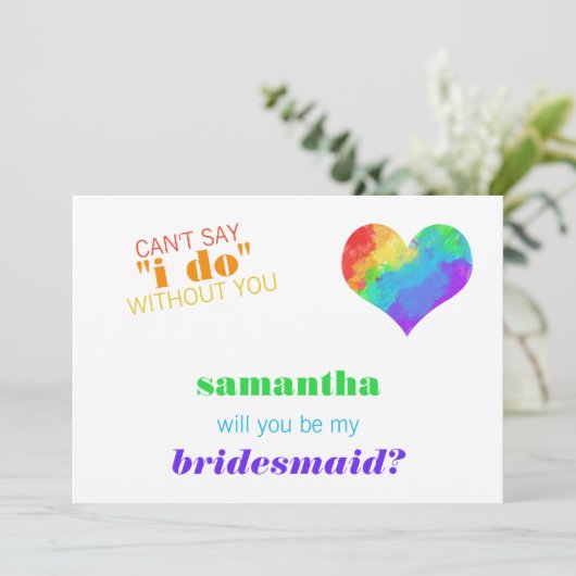 虹のペンキのハートのレズビアンの結婚式の新婦付添人 招待状 (スタンド正面)