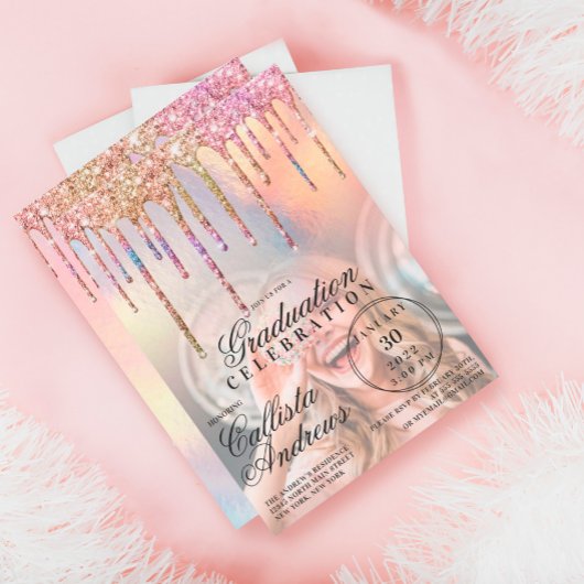 虹のホログラフィックグリッターが写真卒業を乾燥 招待状