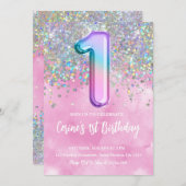 虹のホログラムガール ファーストバースデー 招待状 (正面/裏面)