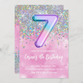 虹のホログラムガール 7歳の誕生日パーティー招待状 招待状 (正面/裏面)