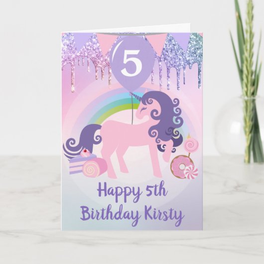 虹のユニコーンとキャンディーの5歳誕生日 カード (正面)