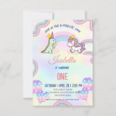 虹のユニコーンと恐竜の友達の誕生日パーティー サンキューカード (正面)