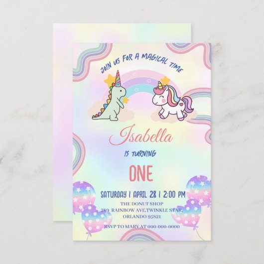 虹のユニコーンと恐竜の友達の誕生日パーティー サンキューカード (正面/裏面)