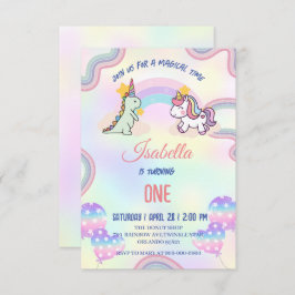 虹のユニコーンと恐竜の友達の誕生日パーティー サンキューカード