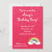 虹のユニコーンのピンクのグリッターの招待 招待状 (正面)