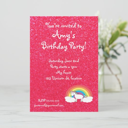 虹のユニコーンのピンクのグリッターの招待 招待状 (スタンド正面)