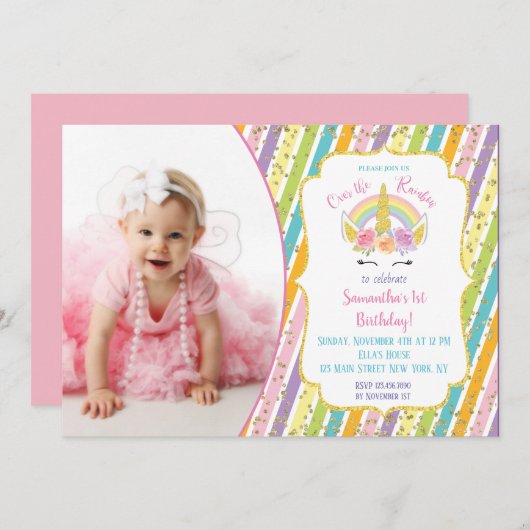 虹のユニコーンの写真の誕生日の招待状 招待状 (正面/裏面)