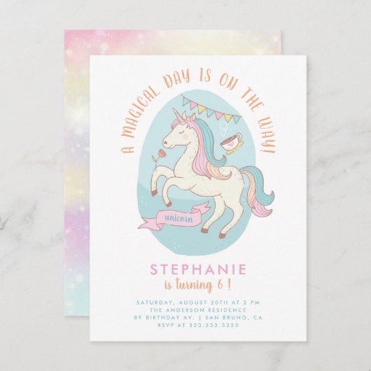 虹のユニコーンの女の子の誕生日のパーティの招待状 インビテーションポストカード (正面/裏面)