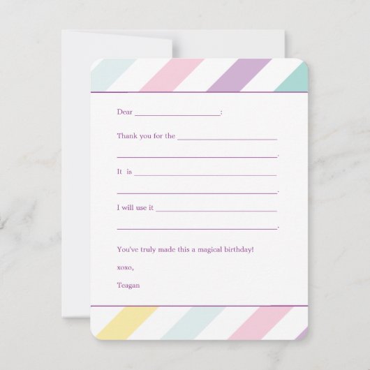 虹のユニコーンの誕生会はノート感謝していしています サンキューカード (裏面)