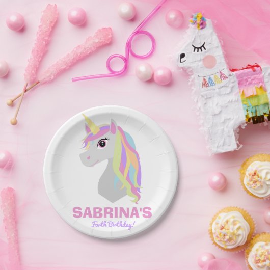 虹のユニコーンの誕生日の名前をカスタムするの紙皿 ペーパープレート (パーティー)