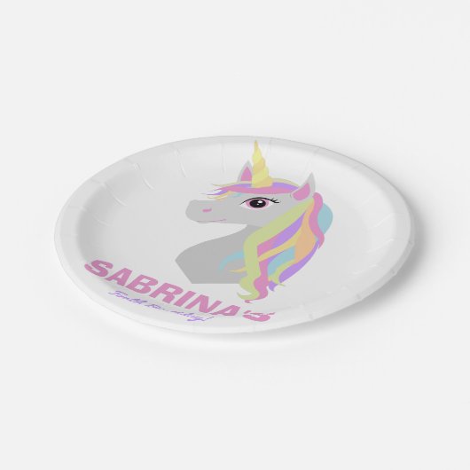 虹のユニコーンの誕生日の名前をカスタムするの紙皿 ペーパープレート (アングル)