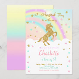 虹のユニコーンの誕生日招待状（グリッター） 招待状