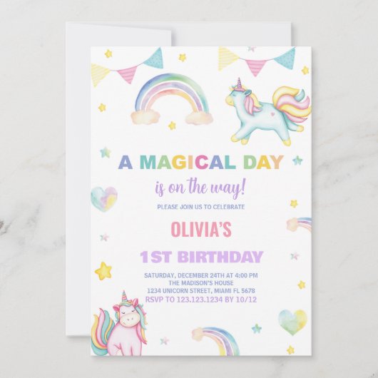 虹のユニコーンの誕生日招待状 招待状 (正面)