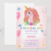 虹のユニコーンの誕生日招待状 招待状 (正面/裏面)