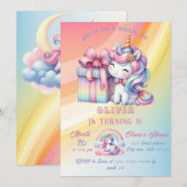 虹のユニコーンの魔法の瞬間ガールバースデー 招待状 (正面/裏面)