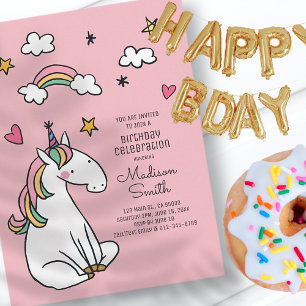虹のユニコーンスターハートの誕生日招待状 インビテーションポストカード