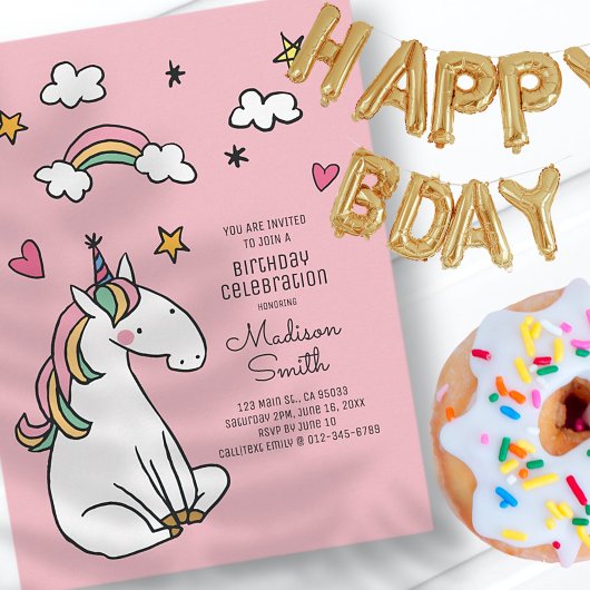 虹のユニコーンスターハートの誕生日招待状 インビテーションポストカード