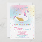 虹のユニコーンプールパーティー誕生日招待状 招待状 (正面)