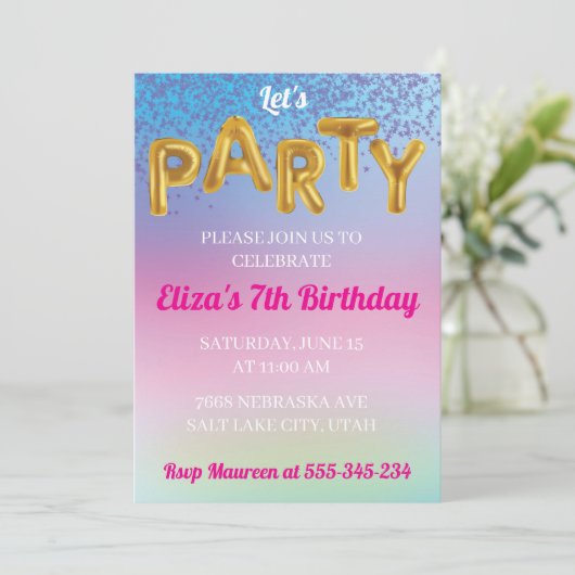 虹のレッツパーティーフンゴールドバルーン招待状 招待状 (スタンド正面)