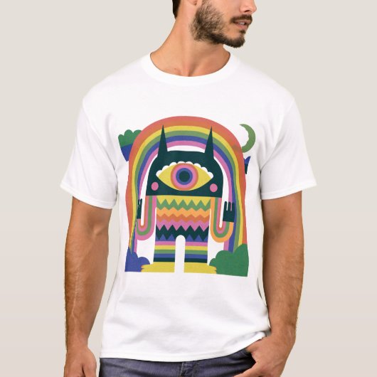 虹のワンアイ・モンスター・フォークアート Tシャツ (正面)