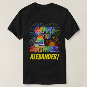 虹の一見の幸せな第4誕生日; 花火 + 名前 Tシャツ