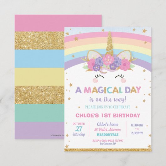 虹の一角獣（ユニコーン）誕生パーティーガール 招待状 (正面/裏面)