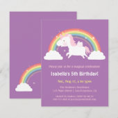 虹の上で飛ぶユニコーンの女の子の誕生日パーティー 招待状 (正面/裏面)