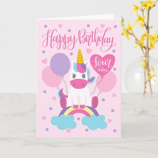 虹の上に座る4歳の誕生日ユニコーン カード (黄色い花)