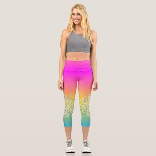 虹の上に白いドリーレースマンダラグラデーション カプリレギンス (正面)