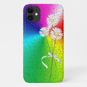 虹の上に雨の滴を持つ白いデイジー iPhone 11 ケース