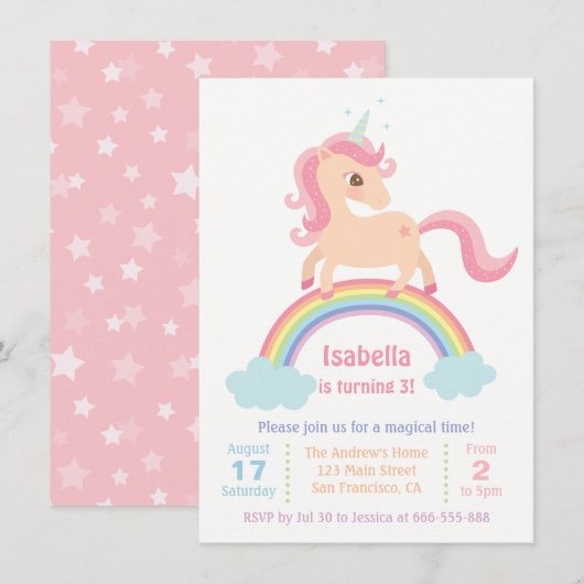 虹の上のユニコーンの女の子の誕生日パーティー 招待状 (正面/裏面)