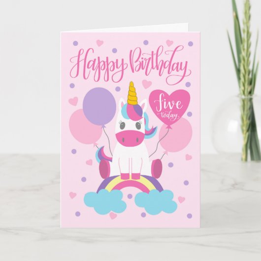 虹の上のユニコーン 5歳の誕生日 カード (正面)