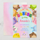 虹の上の動物のぎゅっと抱きしめる女の子の誕生日 招待状 (正面/裏面)