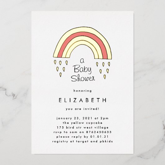 虹の上の少し赤ちゃんシャワー金ゴールド押された 箔招待状 (正面)