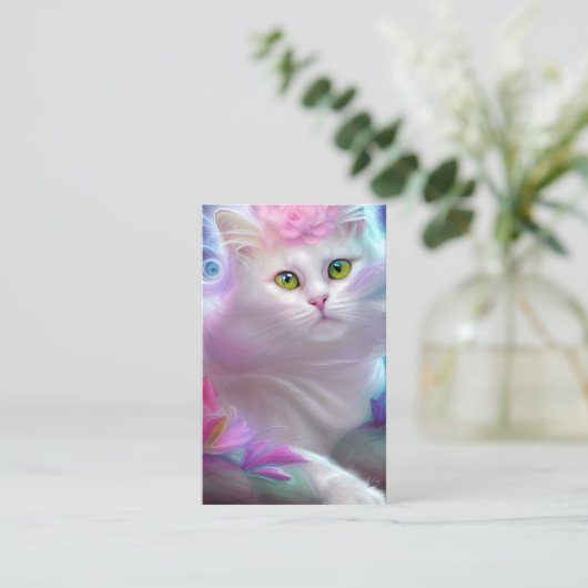 虹の上の白ふわふわの猫 名刺 (スタンド正面)