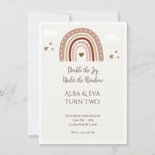 虹の下で喜びを倍に – 編集可能な双子の カード (正面)