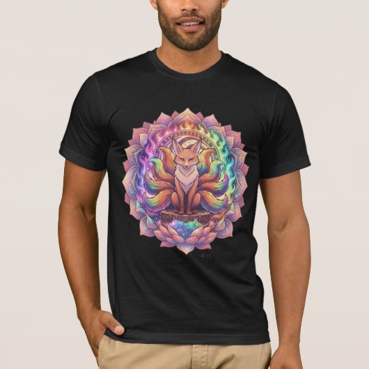 虹の九尾狐きつねマンダラTシャツ Tシャツ (正面)