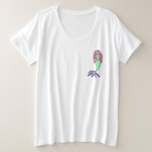 虹の人魚 ピンク 青 紫 緑 黒 カーリー プラスサイズTシャツ (デザイン正面)